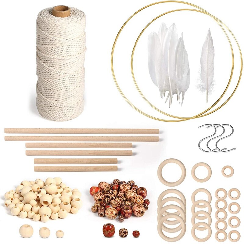 Macrame Rope Kit With Natural Cotton Macrame Cord,Metal Floral Hoops,Wooden Beads,Macrame Wall Hanging Kit For Beginners: Default Title