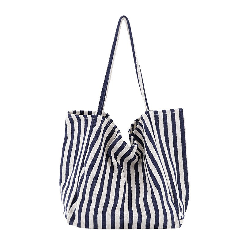 Large Capacity Canvas Women's Bag Retro Simple Striped Women's Shoulder Bag Multifunctional Casual Open Tote Shopping Bag: Thin strip-Blue