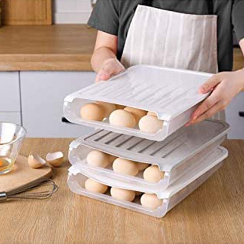 2PCS Auto Scrolling Egg Storage Holder, Eggs Storage Rack Refrigerate Food Savers Eggs Plastic Space Saver