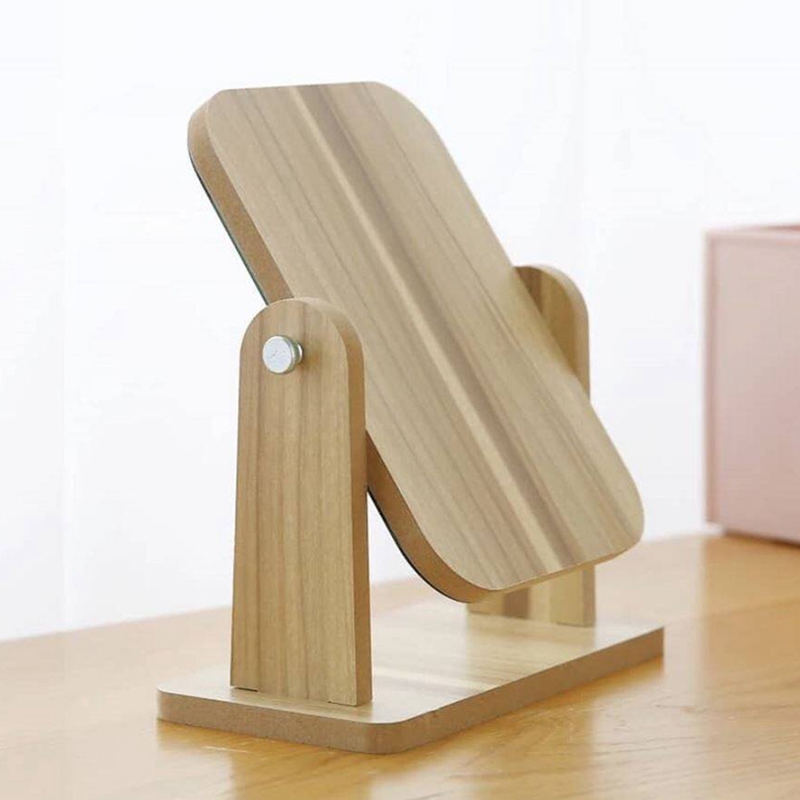 Wooden Makeup Mirror 360 Degree Rotating Wooden Mirror Desktop Mirror Adjustable Angle Portable Mirror
