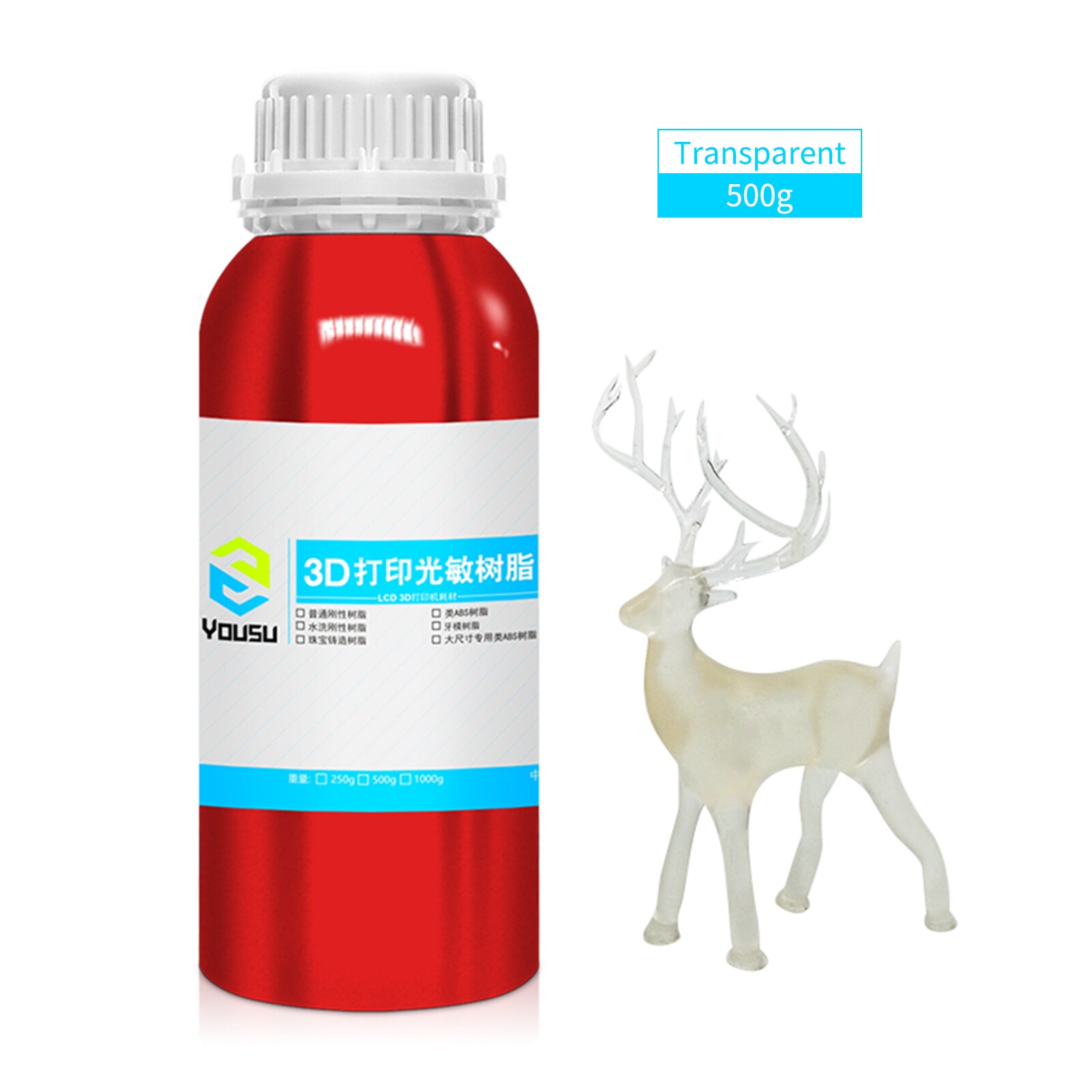 YouSu 3D Drucker Starren Harz 95D Härte Aluminium Flasche Flüssigkeit Druck Material für LCD 395-405nm Band LCD Drucker 1000g/500g: 500g-transparent