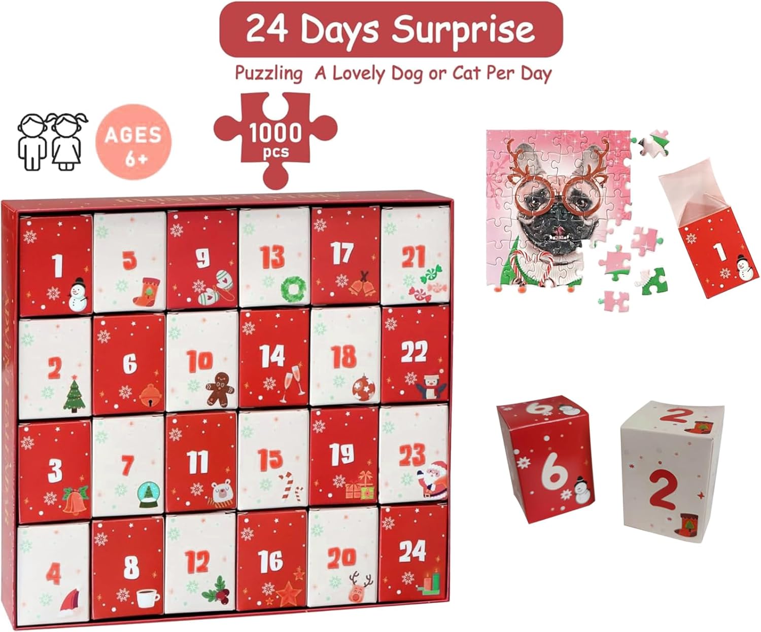 Advent Christmas Puzzles Cute Puppy Dogs for Kids Boys Girls 24 Days Countdown Calendar Jigsaw 1008 Pieces Xmas