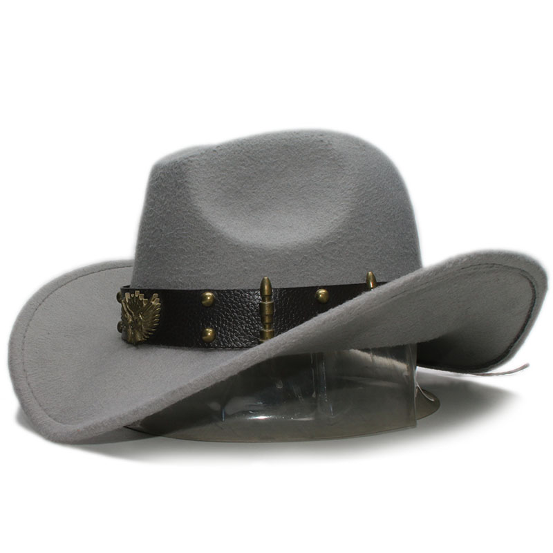 Banda de couro unissex retrô, duas armas, banda de couro para pai-filho, adulto e criança, lã, aba larga, chapéu ocidental, cowgirl, bowler tampa (57cm/54cm: Cinza / Kid Size 54cm