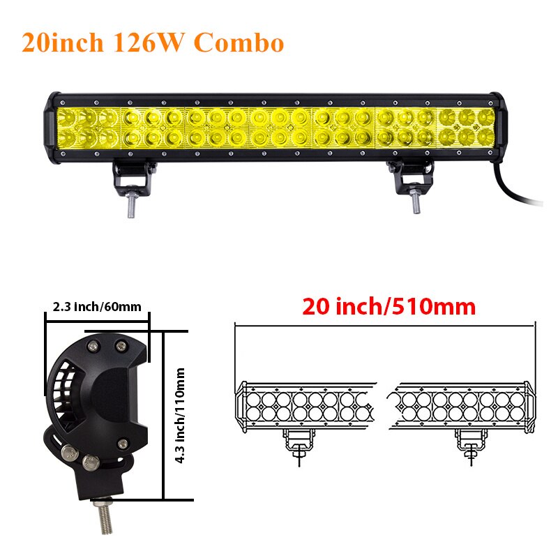 Skyworld amarelo conduziu a barra de luz 4 12 14 17 20 23 25 28 36 polegada trabalho lâmpada combo feixe condução offroad para o caminhão do carro suv atv 4x4 uaz: 20inch 126w