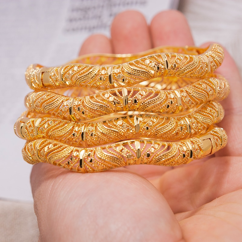 4 Stuks Dubai Afrika Gouden Armbanden Voor Vrouwen Mannen Gouden Kleur Armbanden Afrikaanse Bruiloft Bruid Armbanden Armbanden Sieraden