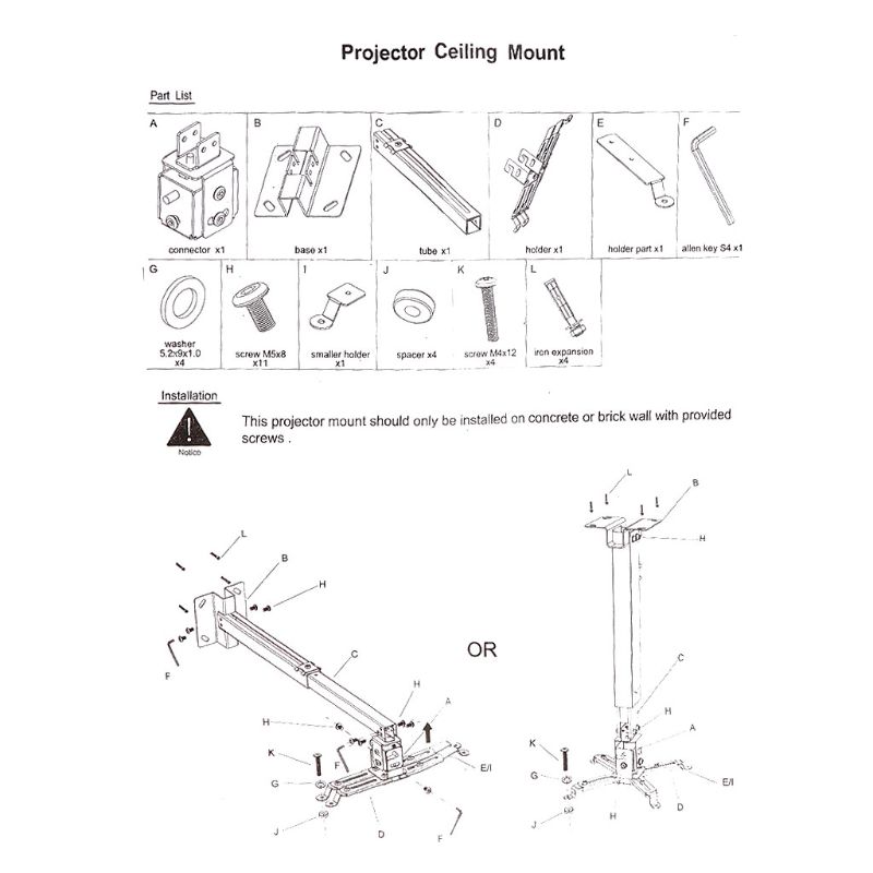 Projector Wall Roof Mount Bracket Adjustable Height Extendable Length Multimedia Video Ceiling Loading 5KG Home Office T5UA