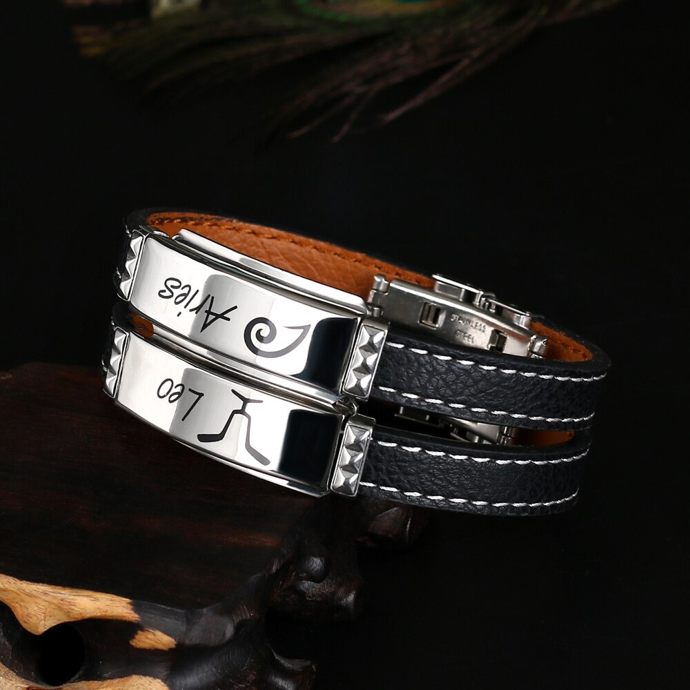 Pulsera de acero inoxidable con 12 Constelaciones para hombre, joyería de , Charm, cuero negro, signos del zodiaco informales, Punk,