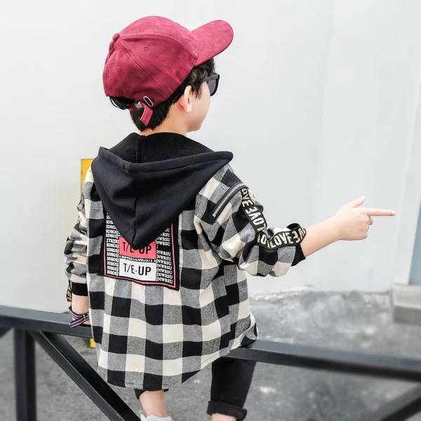 eins heißer Jungen draussen Jacken 3-13 jahre alte Koreanische Sping und herbst jacke jungen Mit Kapuze kariertes hemd buchstaben drucken freundlicher Mantel