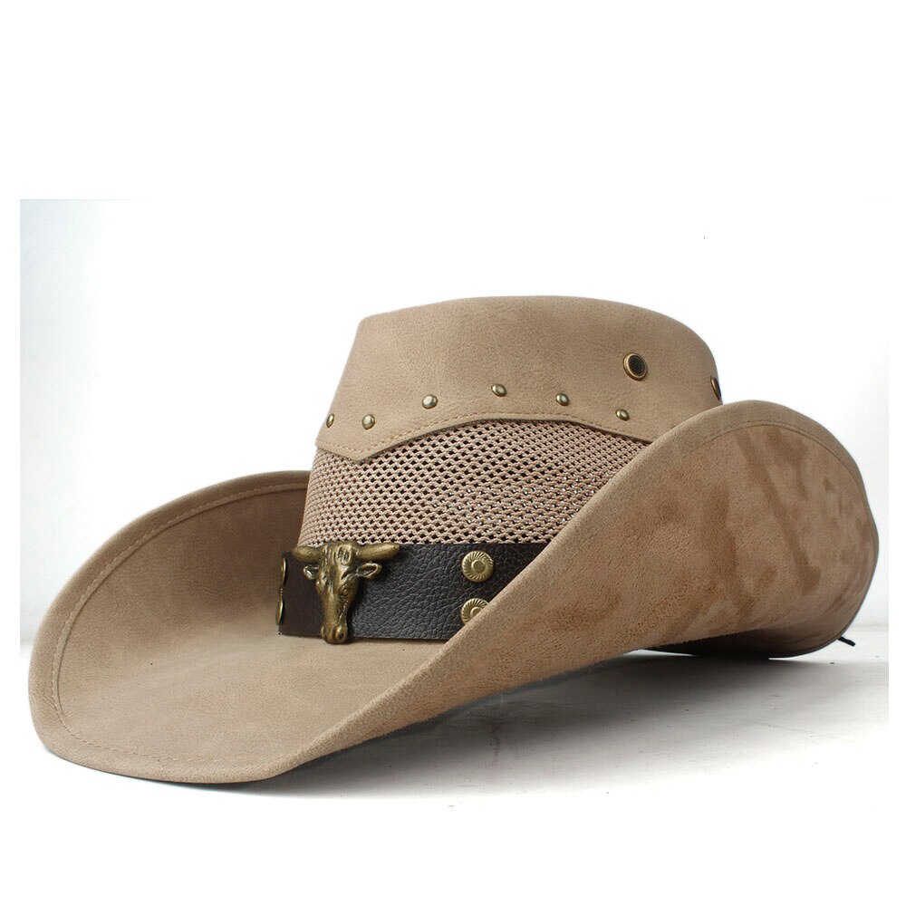 100% Leather Men Women Mesh Western Cowboy Hat Wide Brim Hat Outdoor Sombrero Hombre Cowgirl Hat Bull Ribbon