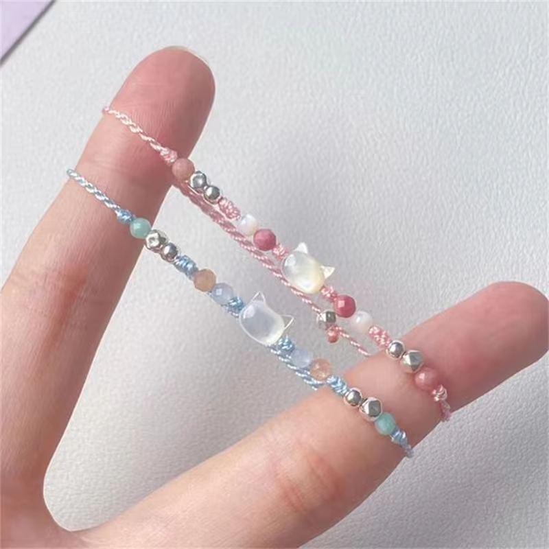 Pulsera de gato bonita hecha a mano para parejas, cuerda de mano única y para mujeres y hombres, pulsera tejida con cuentas, de joyería para la muñeca: Estampado en caliente