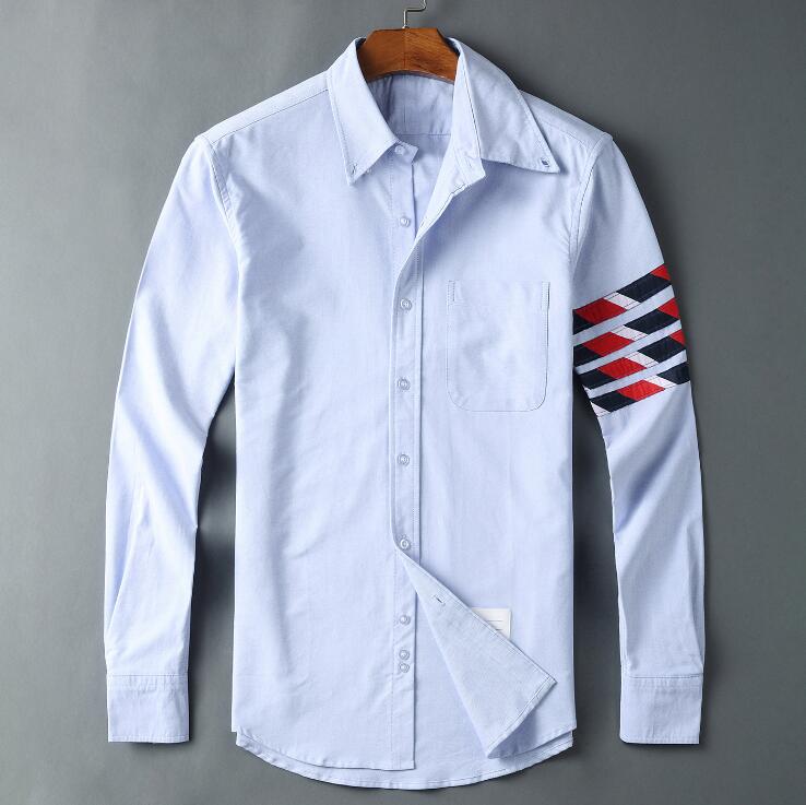 brand TB shirts men long sleeve striped blue shirt turn down collar social office cotton male shirts: L