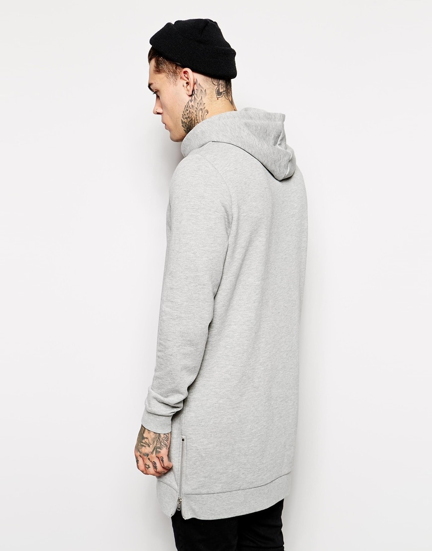 Men's Long Grey Hoodies Sweatshirts Feece With Side Zipper Longline Hip Hop Streetwear Shirt Tops Longline