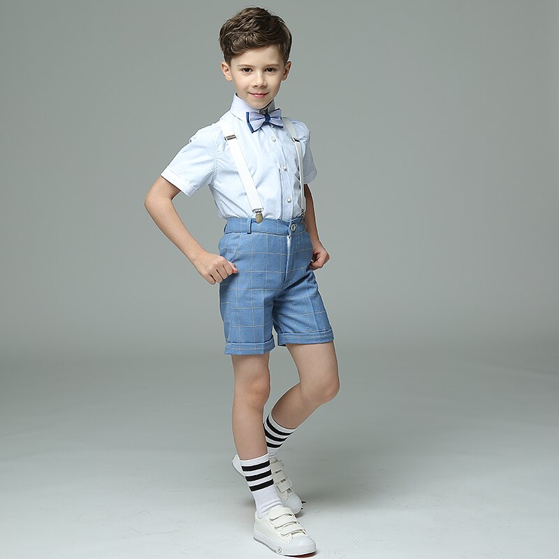 nuevos trajes de niños a cuadros azul claro chaleco establece trajes de boda para niños esmoquin ropa de boda para chicos terno meninos: vest strap set / 7 años