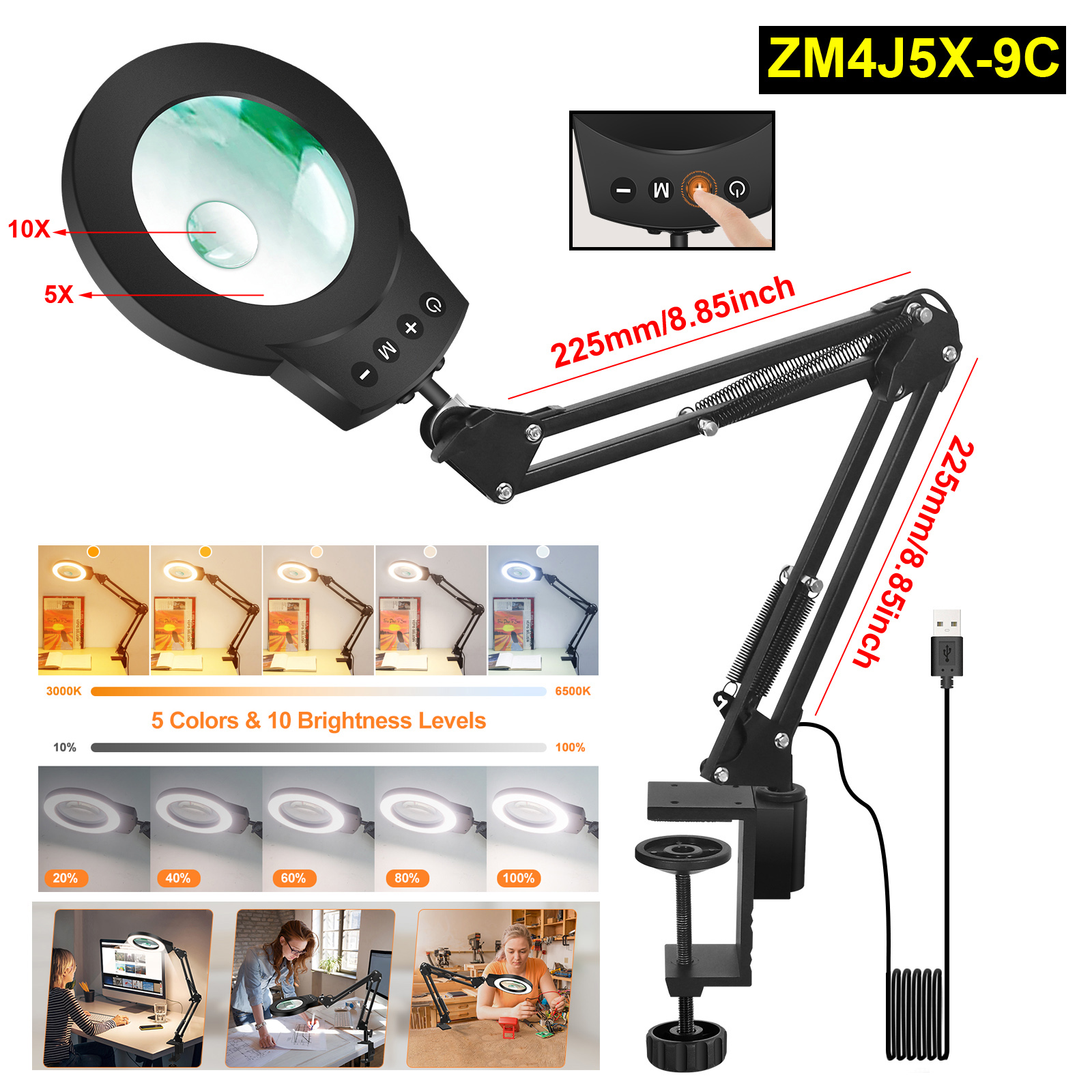 Lámpara de lupa de brazos oscilantes largos 5X/10X con luces LED de ajuste de 5 colores lámpara de mesa de lectura para reparación de soldadura trabajo cercano