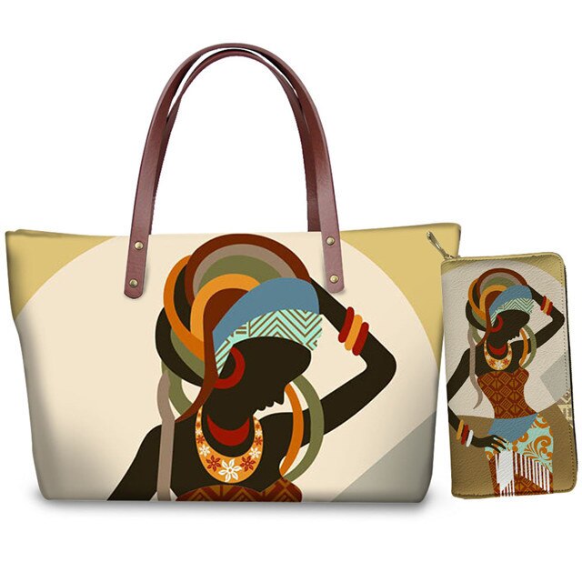 Custom mode 2pcs/set Women Handbags Black Art African Girl Printing Hand Bag&Wallets Ladies Ethnic Top-Handle Bags Females Bolsa: style2