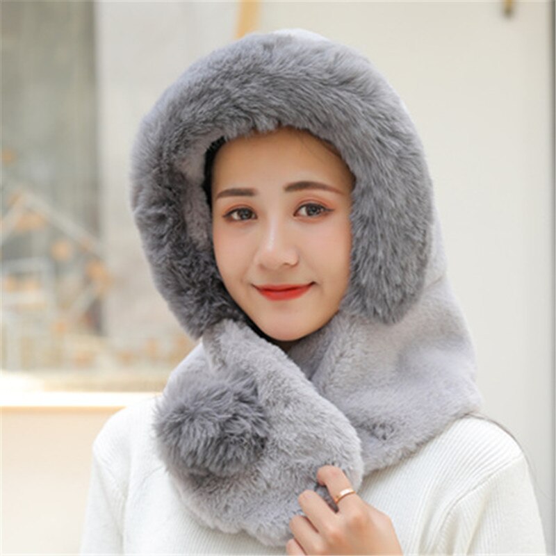 Female Winter Knitted Hats Add Fur Lined Warm Winter Hats For Women Keep Neck Ear Warmer Balaclava Pompoms Cap: Gray