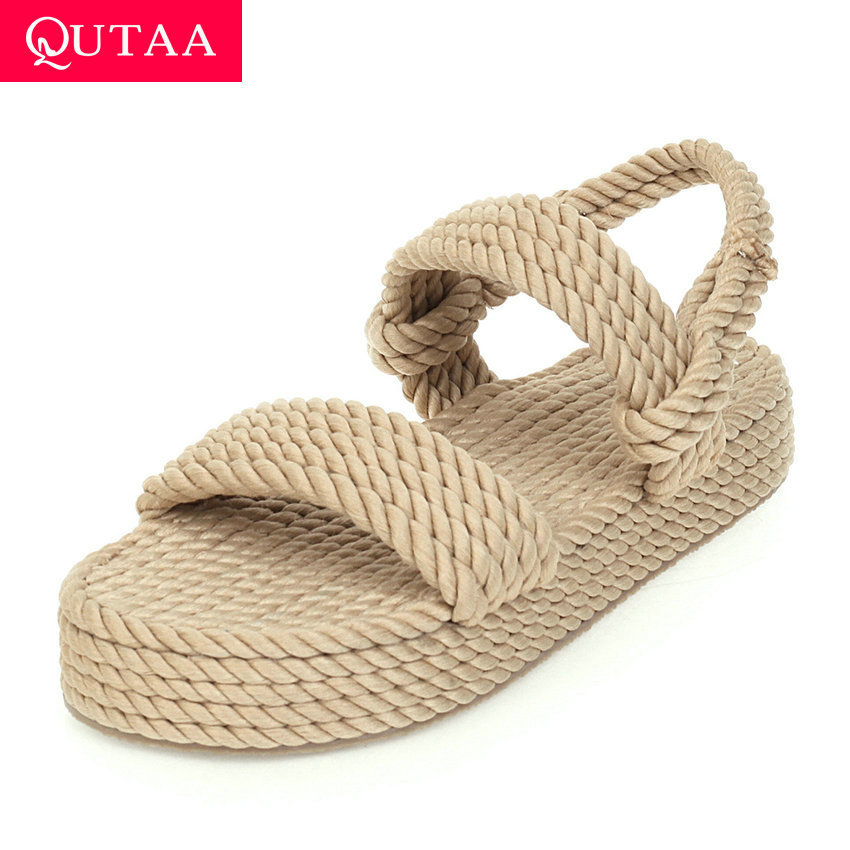 Qutaa nylonvävd kilklack dam sandaler med öppen tå sommar dam pumps casual plattform slingback dam skor storlek 34-43