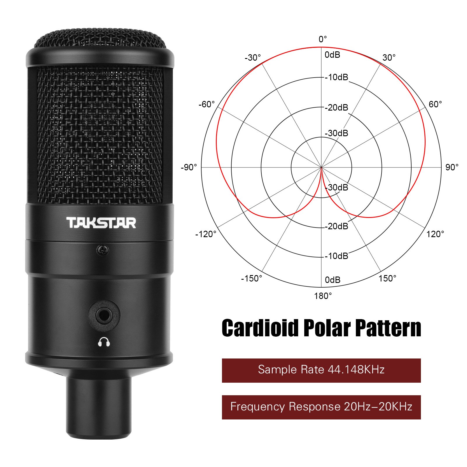 TAKSTAR PC-K220USB Condenser Desktop Microphone USB Powered Cardioid PC Mic Plug and Play for Voice Musical Instrument Recording