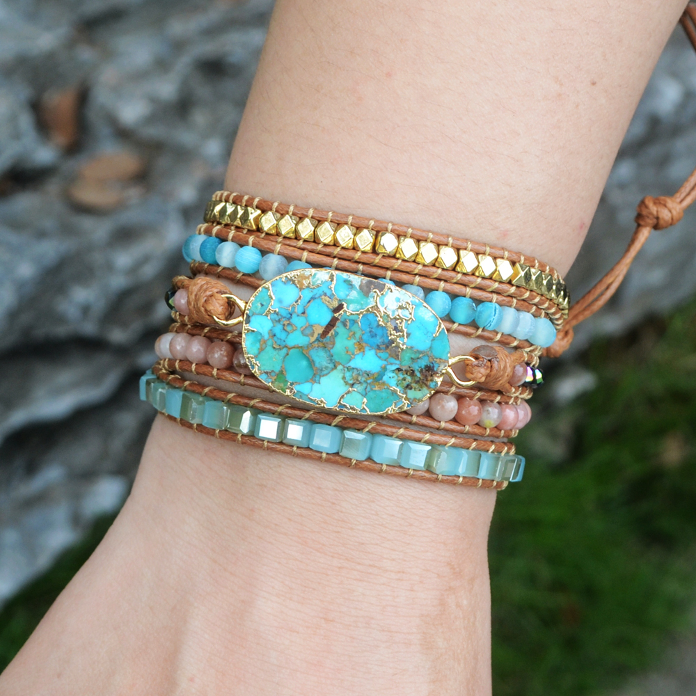 Unieke Gemengde Vergulde Stenen Charm 5 Strengen Wrap Armbanden Handgemaakte Turkoois Boho Armband Vrouwen Lederen Armband