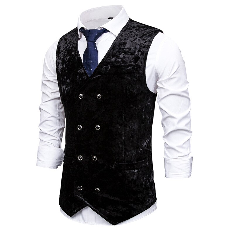 Mens Zweireiher Anzug Weste Neue Marine Samt Weste Männer schlank passen Geschäft lässig Weste Männlichen Chalecos Para hombre: Schwarz / S