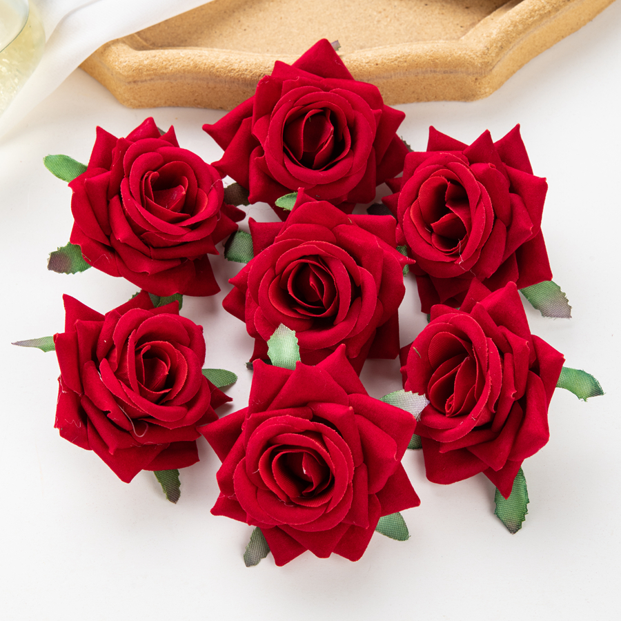 10 stuks kunstbloemen voor plakboek nieuwjaarsdecoratie bruiloft buiten tuin kerst huis bonbondoos flanel opgerolde rozen: Rood