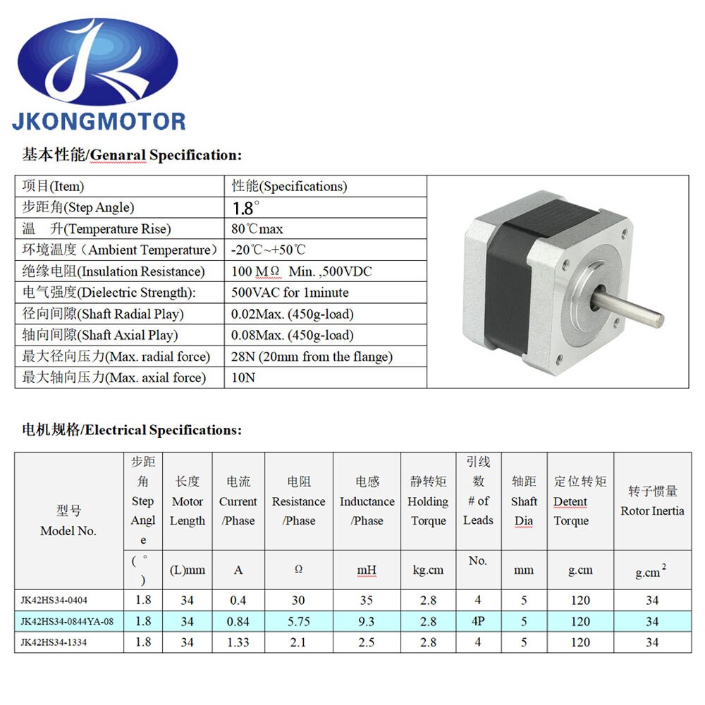 Jkongmotor NEMA 17 Stepper Motor 1.8deg 4leads 28 N.cm 34mm Length Step Motor for DIY CNC 3D Printer