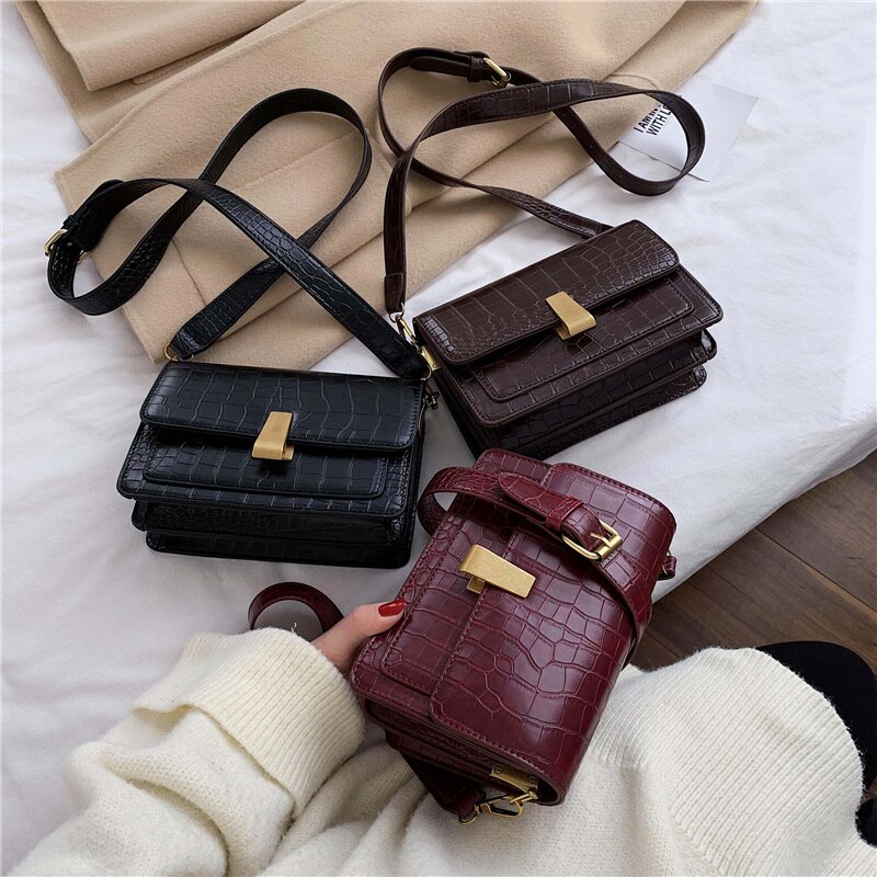 Simple Women's Handbag PU Leather Women Messenger Bag Alligator Shoulder Crossbody Bags Black