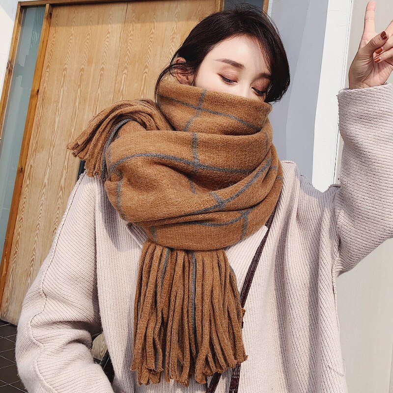 [EWQ] Winter Shawl Plaid Patchwork Thick Keep Warm Knitting Long Plaid Korea Scarf Woman Wool Spinning 19C-a17-02-0: brown