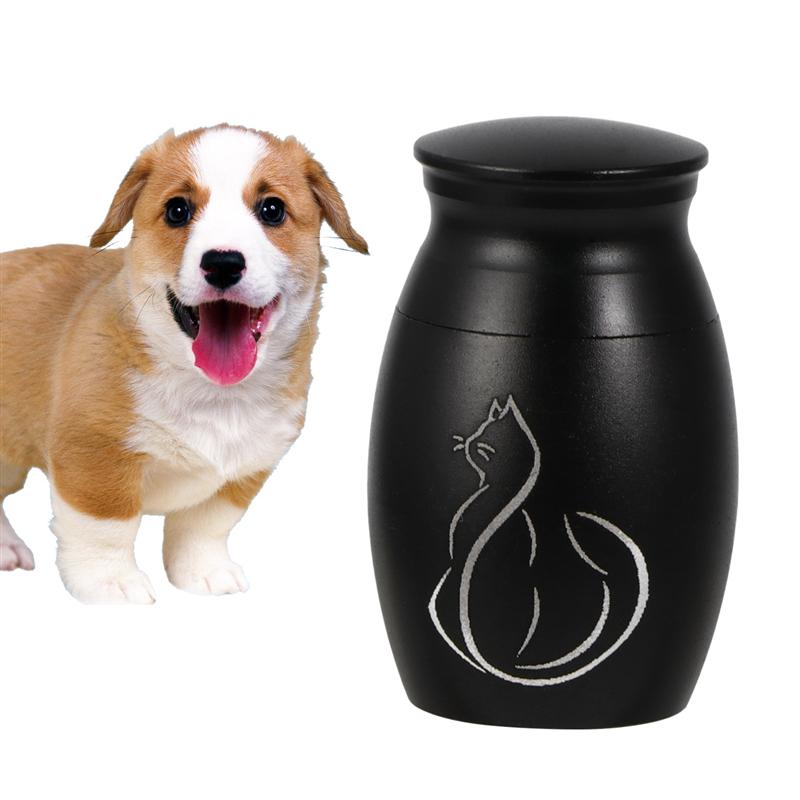 Pot d'urne funéraire en acier inoxydable pour animaux de compagnie contenant d'urne imprimé chaton avec couvercles à vis d'ouverture (noir)
