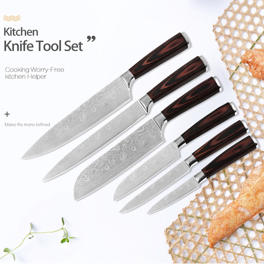 Japanese Knife Set Knives Kitchen Chef Santoku Utility Paring Strong Durable Strong 7cr17 Damascus Pattern Wood Handle