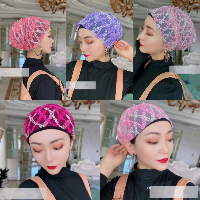 Gorra árabe con cuentas y rayas cruzadas para mujer, accesorios para la cabeza para niñas, gorro informal de Dubái de Color caramelo, turbante