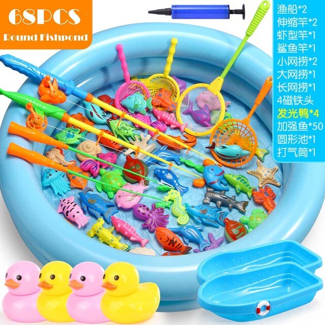 Juego de pesca con imanes para niños, juguetes de agua con imán de piscina inflable, caña de pescar, 15-68 piezas: 68pcs round pool