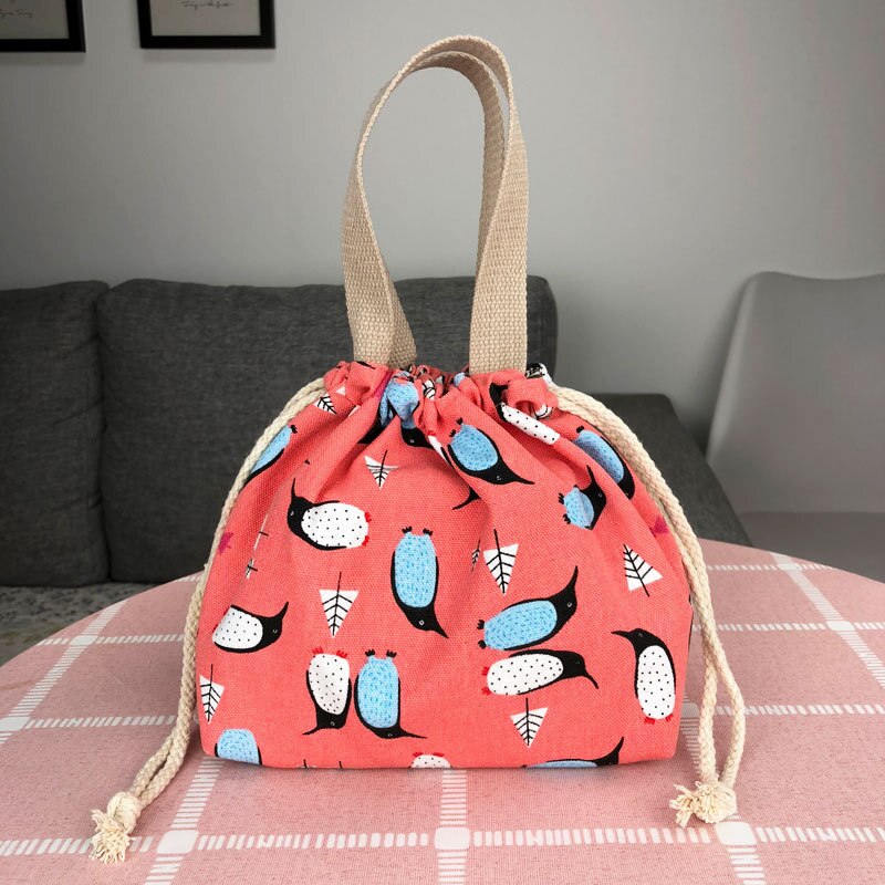 Canvas Print Picnic Lunch Bag Drawstring PortableTote Bag Food Storage Box for Women Cartoon Printing Fruit Thermal Bags: 19