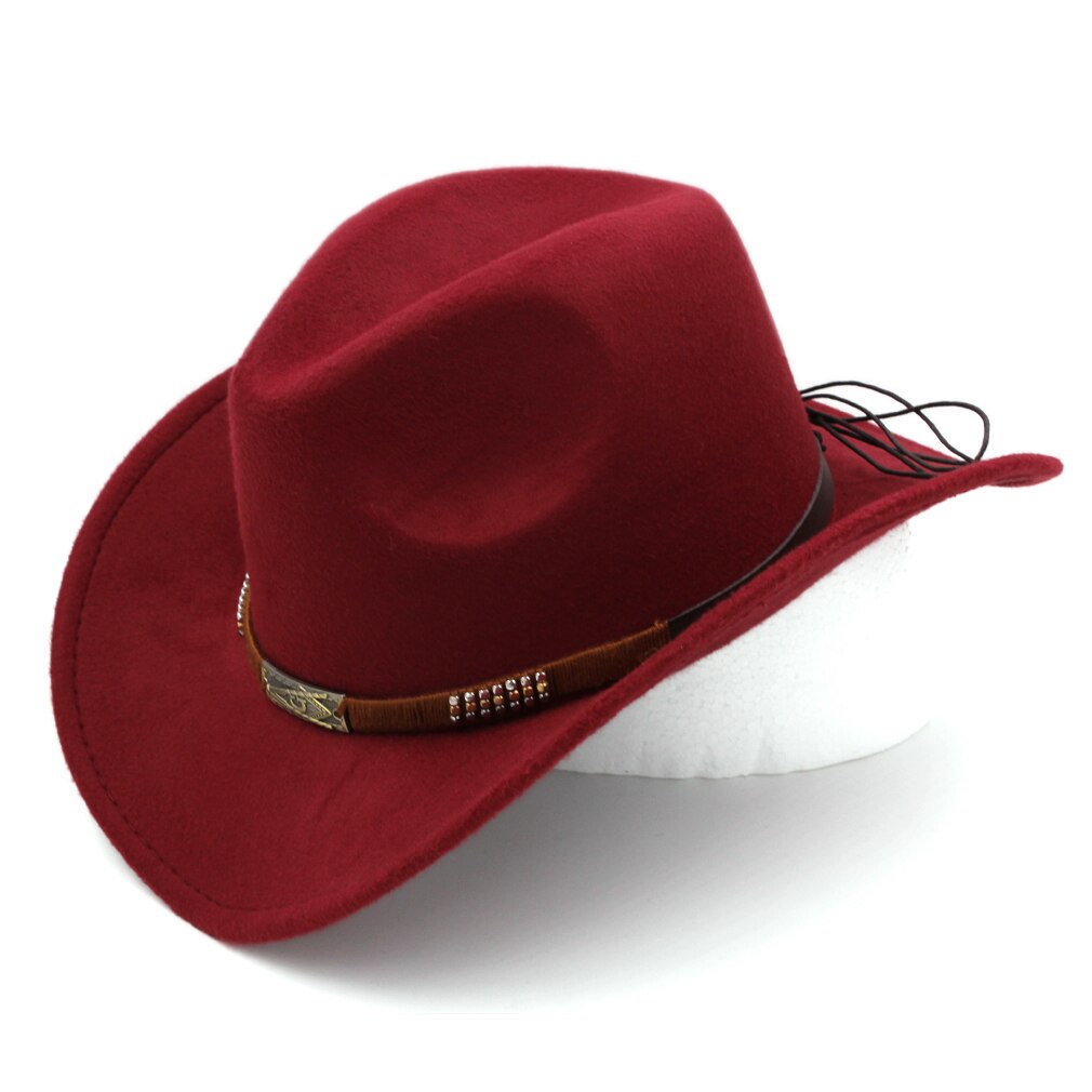 Mistamanecer Estilo Vintage Otoño Invierno sombrero de cowboy del oeste de ala ancha Cowgirl Riding Cap con banda trabajada a mano tamaño 56-58cm: Wine Red
