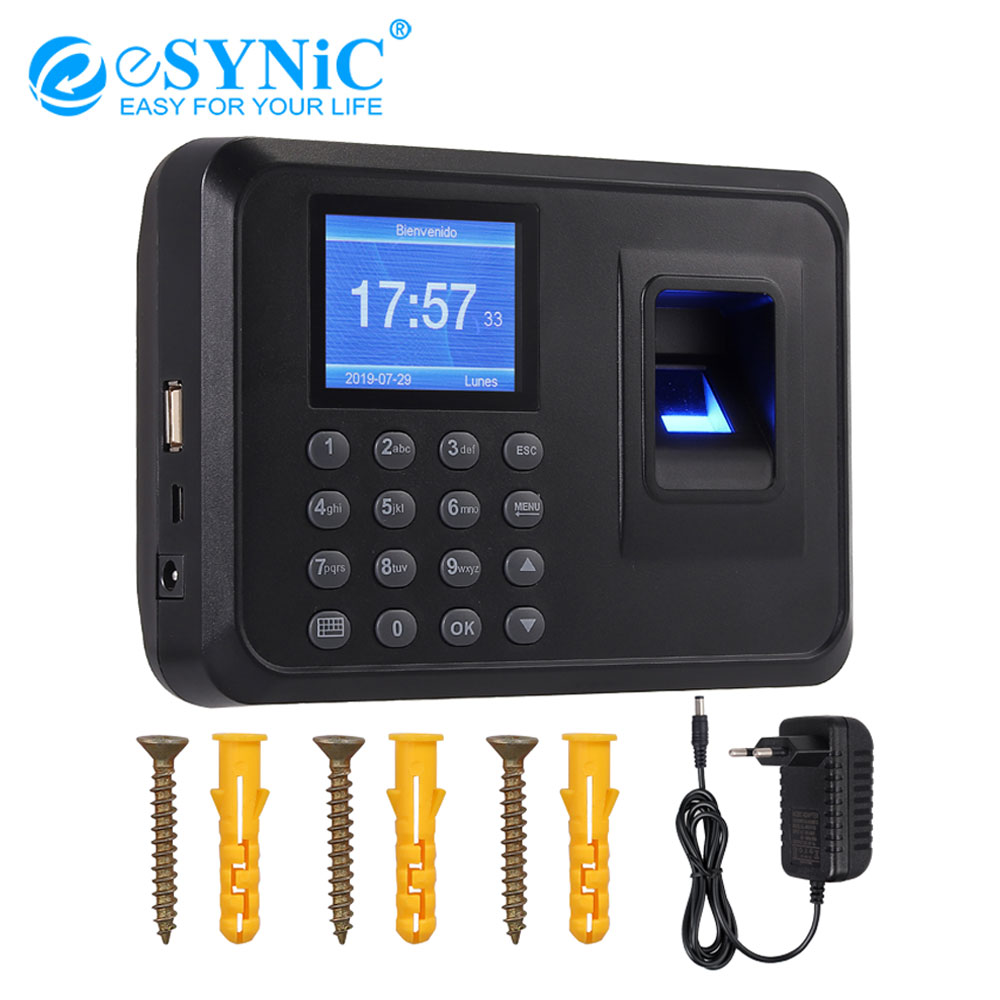 eSYNiC EU Plug Fingerprint Attendance Machine Support 6 Kinds Language with 2.4" TFT LCD Screen for Office Factory Hotel School
