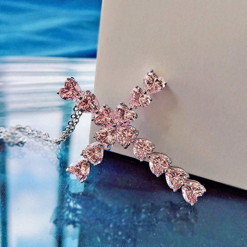 Oevas 100% 925 Sterling silber kreuz 5*5mm hochwertiger kohlenstoffdiamant 18k weißGold plattierte halskette für damen Party feiner schmuck: Rosa