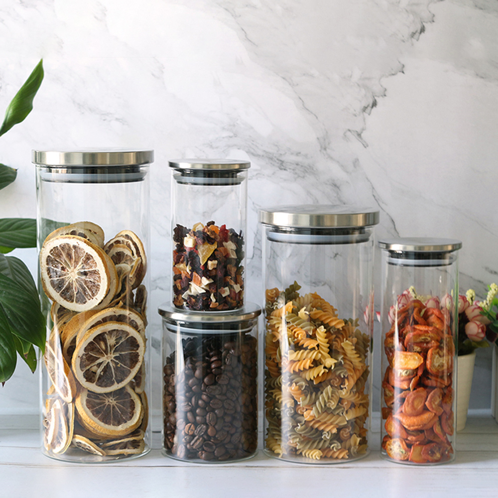 Frascos de almacenamiento de vidrio con tapas para cocina de acero inoxidable herméticas, latas selladas para almacenamiento de alimentos, especias, té y café, Banco de almacenamiento de dulces