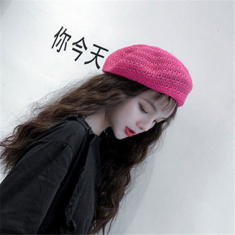 Foux Baret Stro Vrouwen Zomer Mesh Ademende Hoed Gebreide Koreaanse Stijl Franse Baret Dames Vrouwelijke Verstelbare Touw: Rood