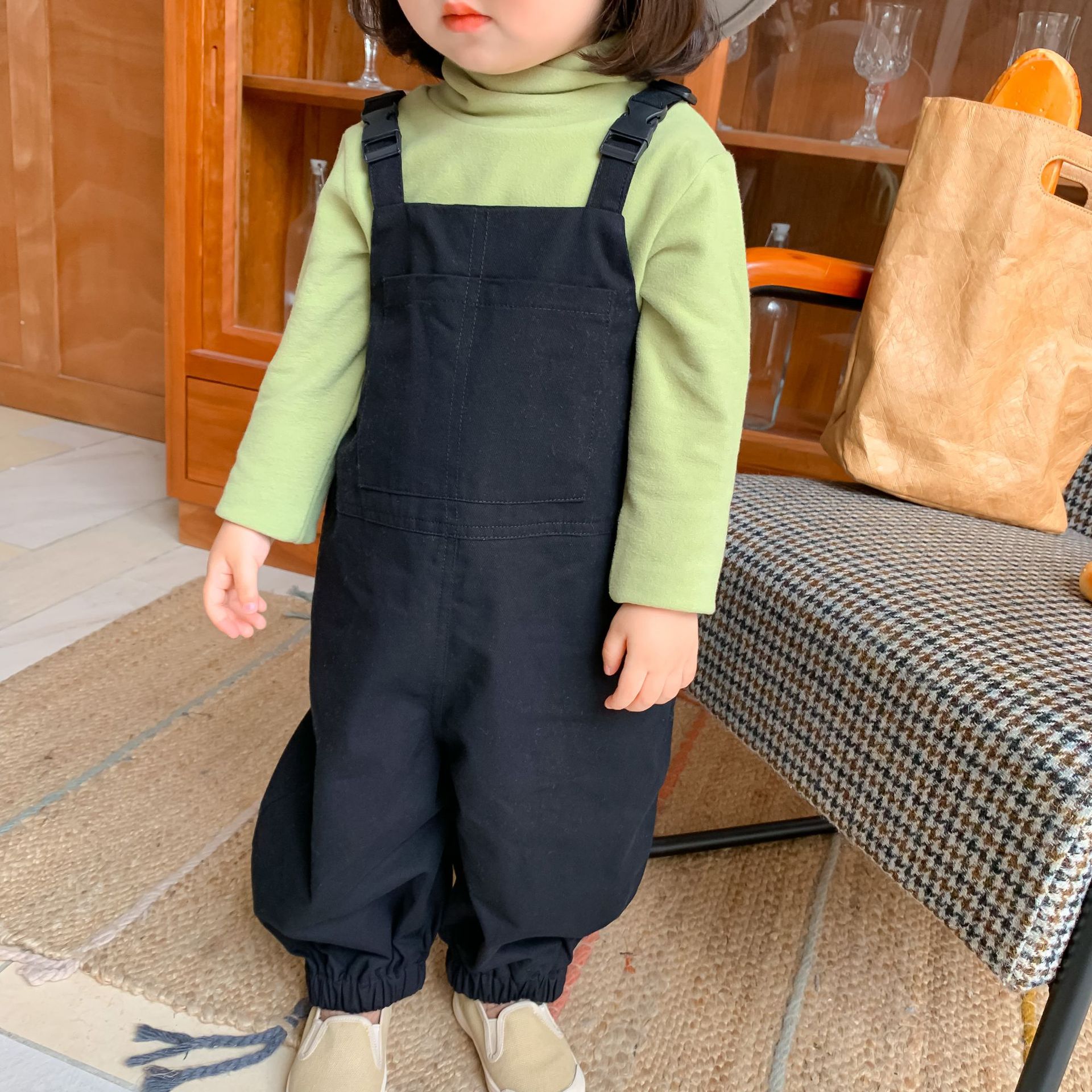 5134 Baby Kids Overalls Baby Jarretel Broek Effen Baby Boy Overalls Met Pocket 1-7Years Meisjes Leuke Overalls Broek Voor kids: BLACK / 100CM