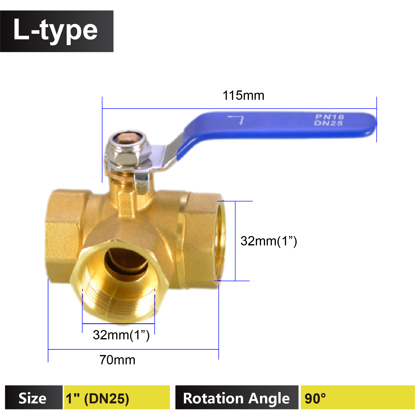 1/4 3/8 1/2 3/4 1 tomme messing 3- vejs ventil t-type l-type indvendig gevind kugleventil afspærring til vand, gas, hvac og vvs: Grå