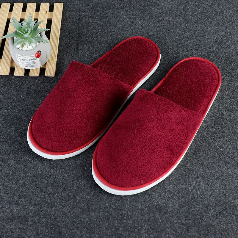Disposable Slippers Hotel Open Toe Slides Close Toe Non-slip Travel Indoor Guest Slippers Portable Coral fleece Shoes 10 Pairs: Red1