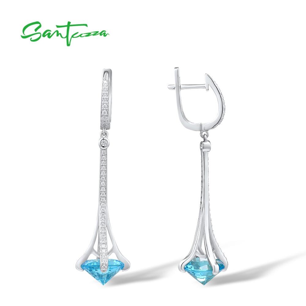 SANTUZZA 925 boucles d'oreilles goutte en argent Sterling rond bleu pierre blanc zircon cubique boucles d'oreilles élégantes pour les femmes de mariage de beaux bijoux