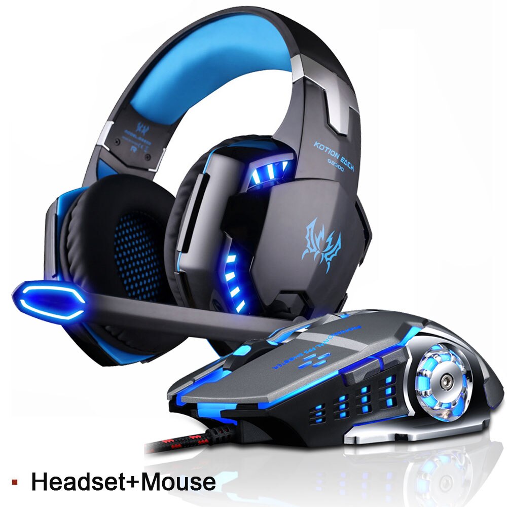 EACH G2000 Gaming Headset Deep Bass Stereo Game Headphone with Microphone LED Light for PC Laptop PS4+Gaming Mouse+Mice Pad: Headset and Mouse