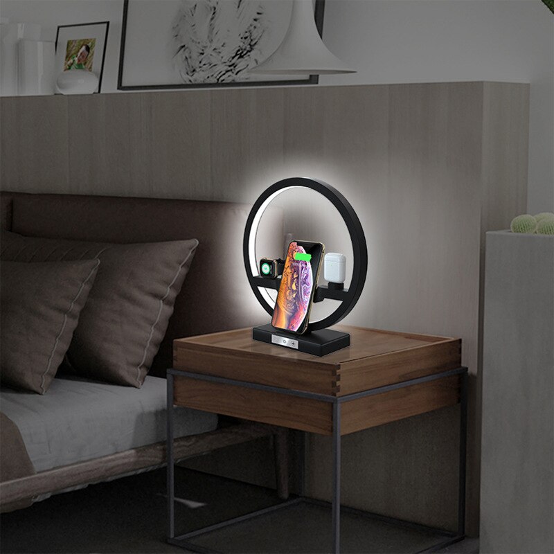 Lampe de Table 3 en 1 avec chargeur sans fil pour iPhone, Station de charge pour Apple Watch 5 4 3, chargeur sans fil rapide pour Airpods