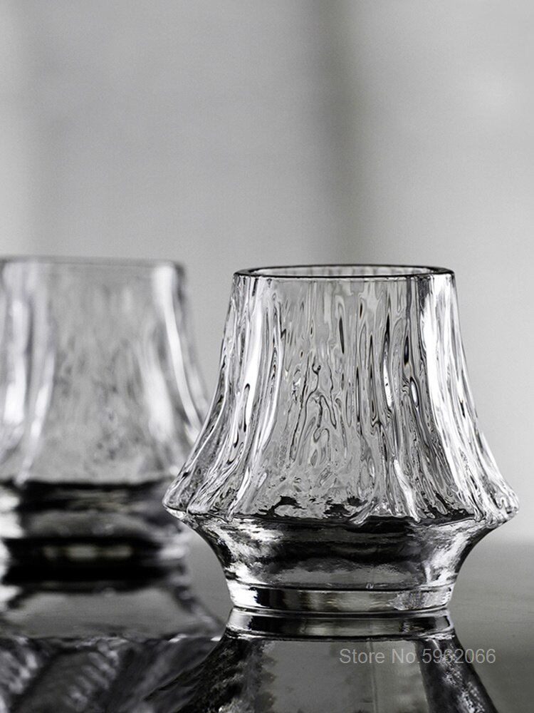 Japansk konst vulkan vinglas konstverk trälåda whisky tumbler mt. fuji mountain oregelbundna brandy snifter cup