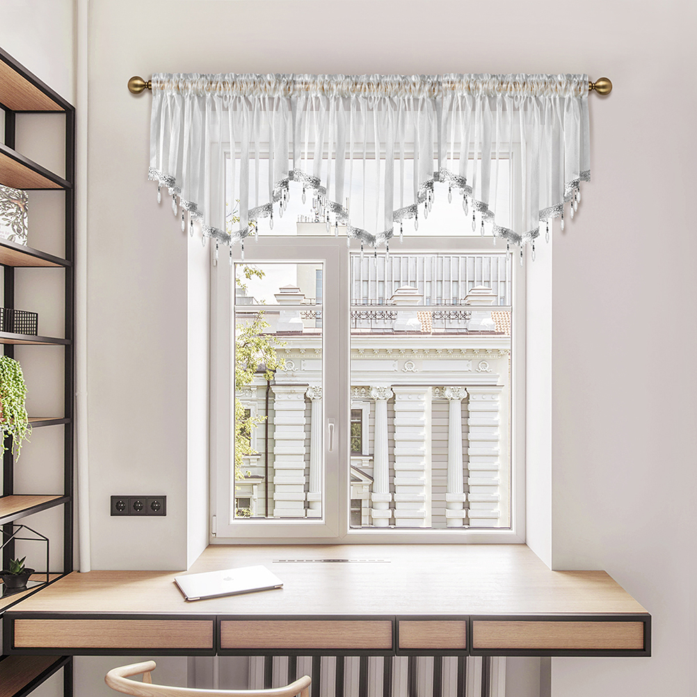 1Pc Pure Kleur Gordijn Valance Met Kralen, Staafzak, Modern Nieuw Valance Voor Woonkamer, Transparante Dunne Doorschijnende Valance