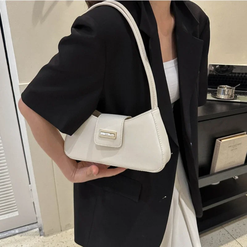 Minimalist Shoulder Bag for Women Simple Solid Color Underarm Bag Buckle Handbag and Purse Small Top-handle Bags