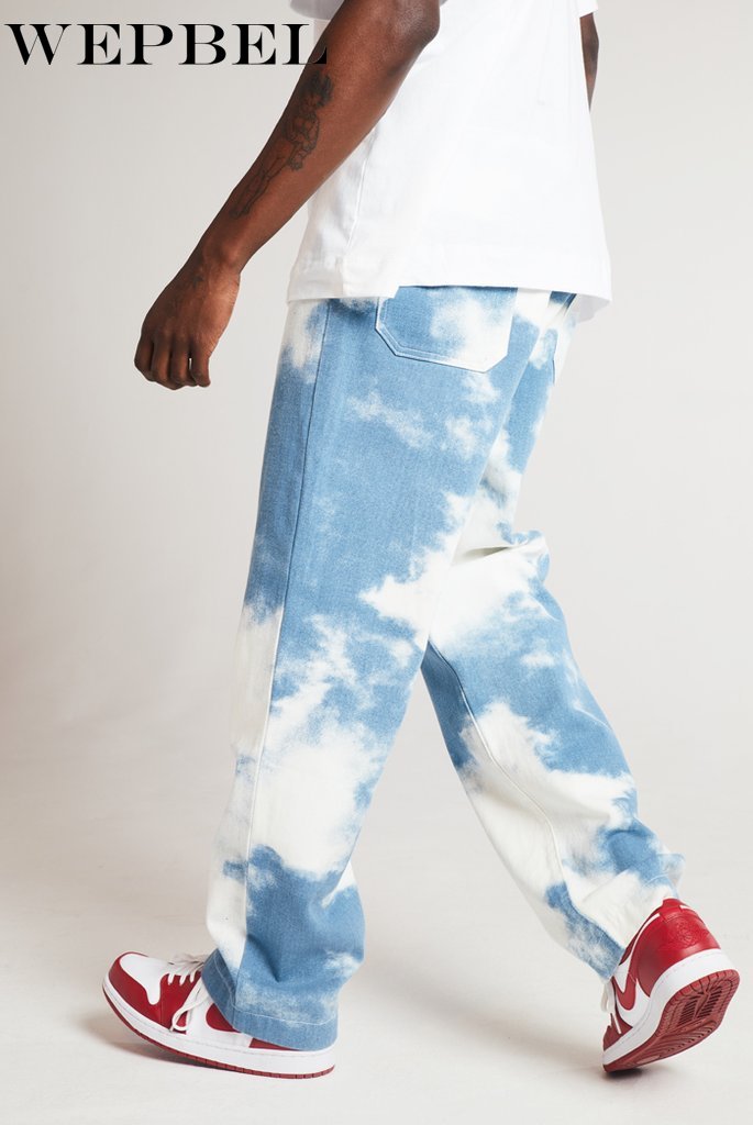 WEPBEL Tie Dye Print Sky Blue Long Trouser Straight Jeans Men Casual Loose Straight Denim Pants
