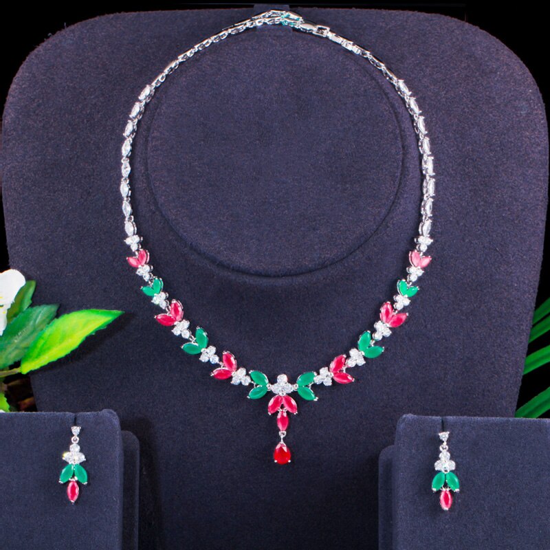 Pera Shiny Rood Groen Cz Zirkoon Afrikaanse Nigeriaanse Goud Kleur Leaf Ketting En Oorbellen Bruiloft Sieraden Set Voor Bruiden j366: Silver Color