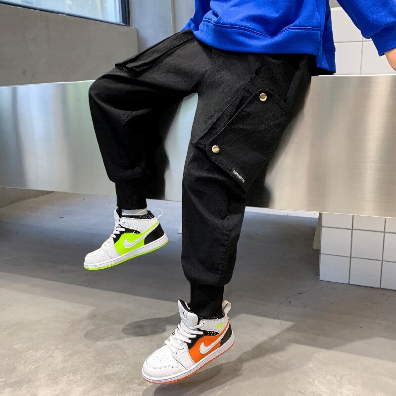 Pantalon Cargo uni pour garçon et adolescent de 4 à 14 ans, multi-poches, style Streetwear décontracté, collection printemps et automne